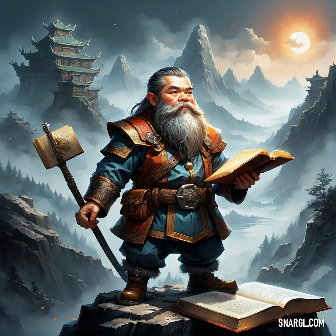 Dwarf with a long beard and a long beard holding a book and an axe in his hand while standing on a rock