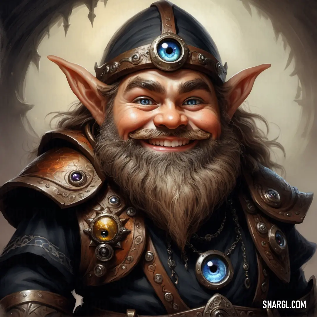 Painting of a smiling male Dwarf with a beard and a helmet on his head and a blue eyeball in his mouth