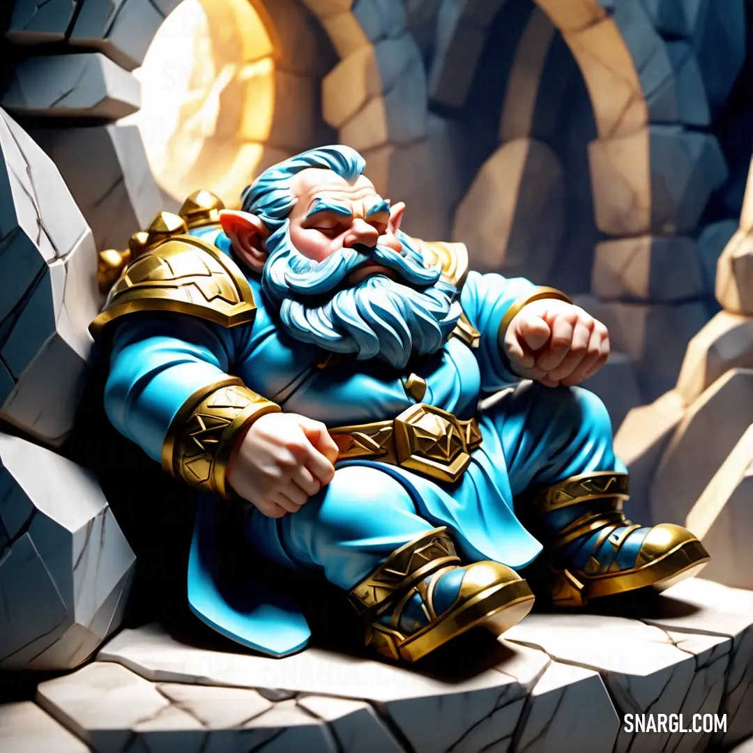 Statue of a male Dwarf on a rock with a beard and blue hair