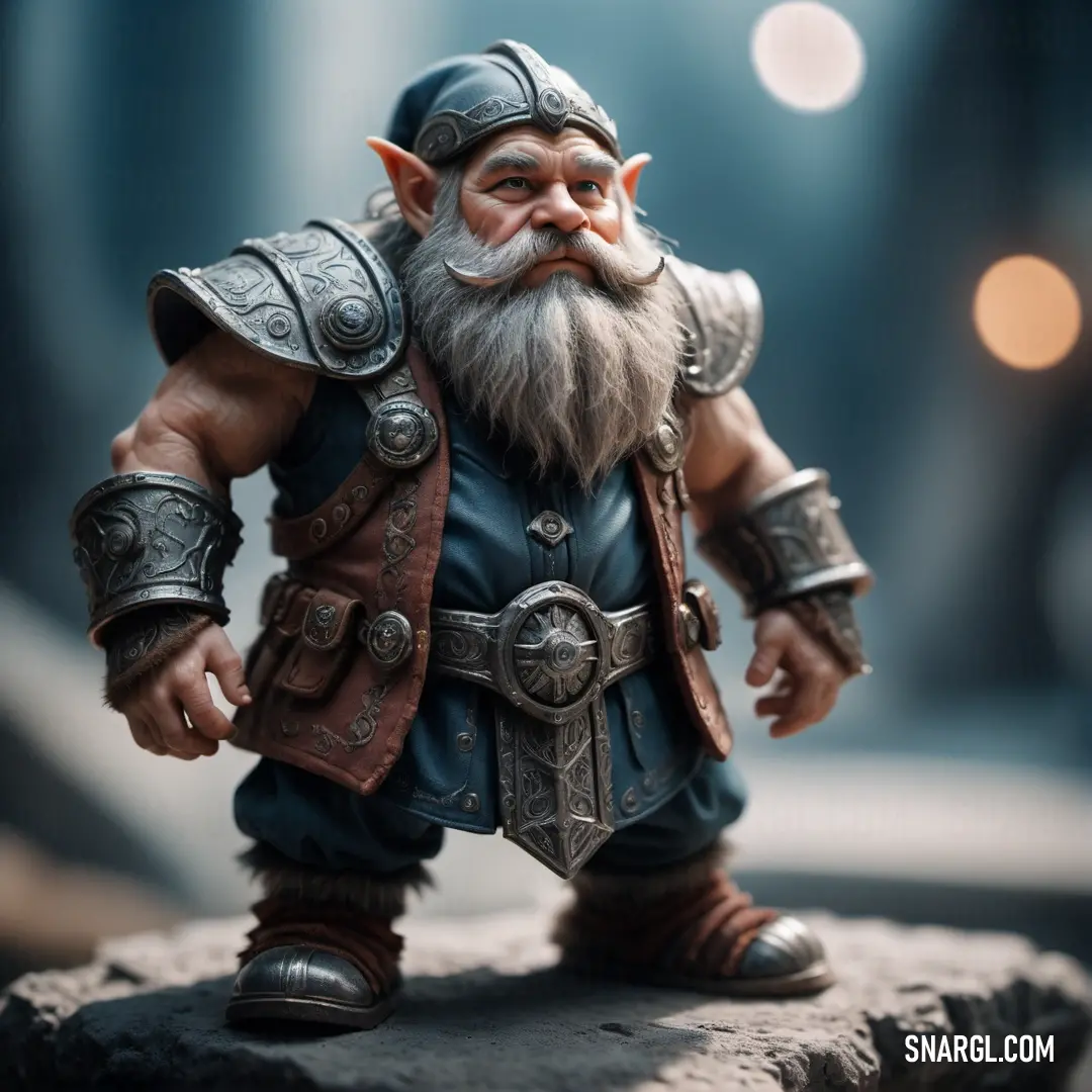 Toy figurine of a dwarf with a beard and a leather outfit on a rock in a dark room