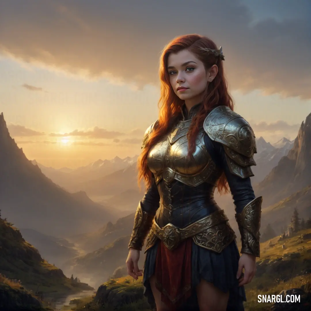 Dwarf in a armor standing in a mountain valley at sunset with a mountain range in the background and a sun setting behind her