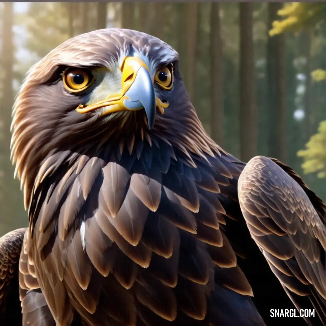 Large Eagle of prey with a yellow beak and brown wings and a black head and yellow eyes and a forest background