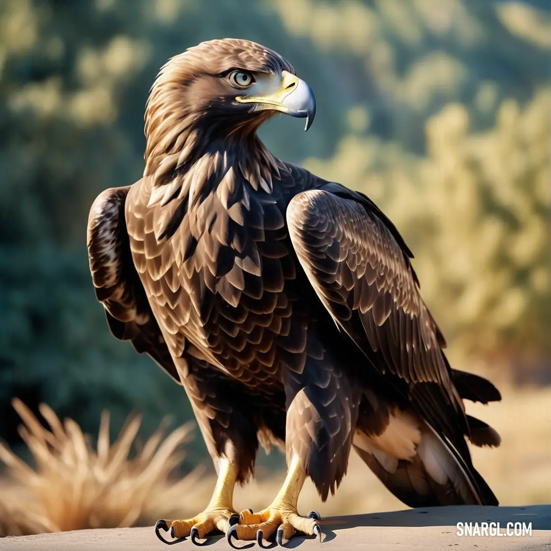 Large Eagle with a very large beak and a very large wingtips on a rock in the desert