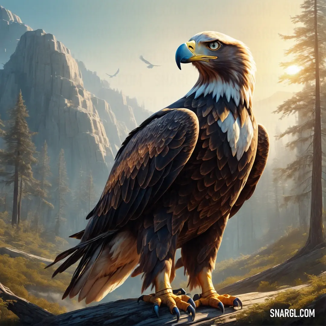 Painting of a bald eagle perched on a log in a forest with mountains in the background