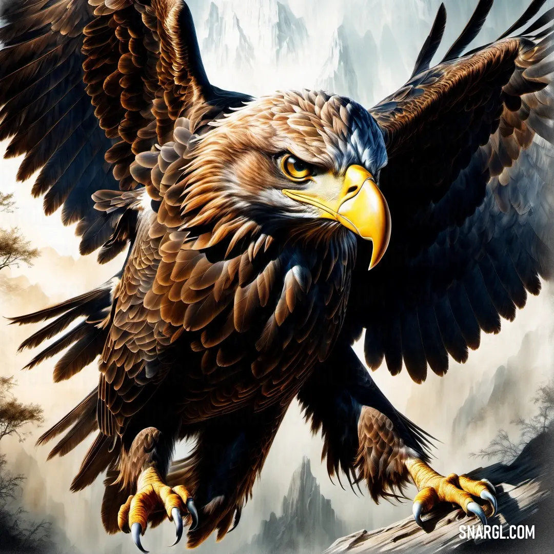 Painting of a bald eagle with a mountain background