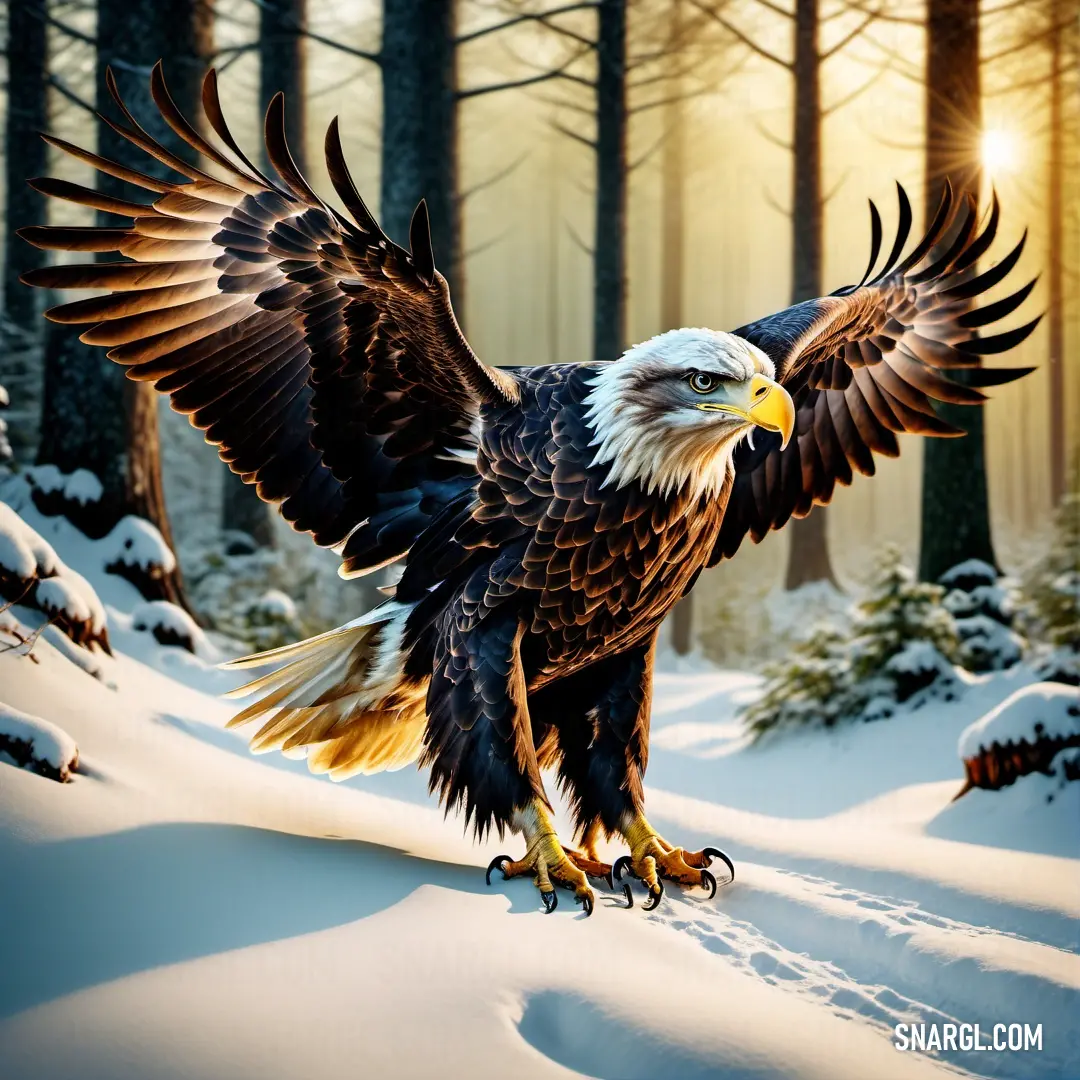 Painting of an eagle in the snow with its wings spread out and it's wings spread out