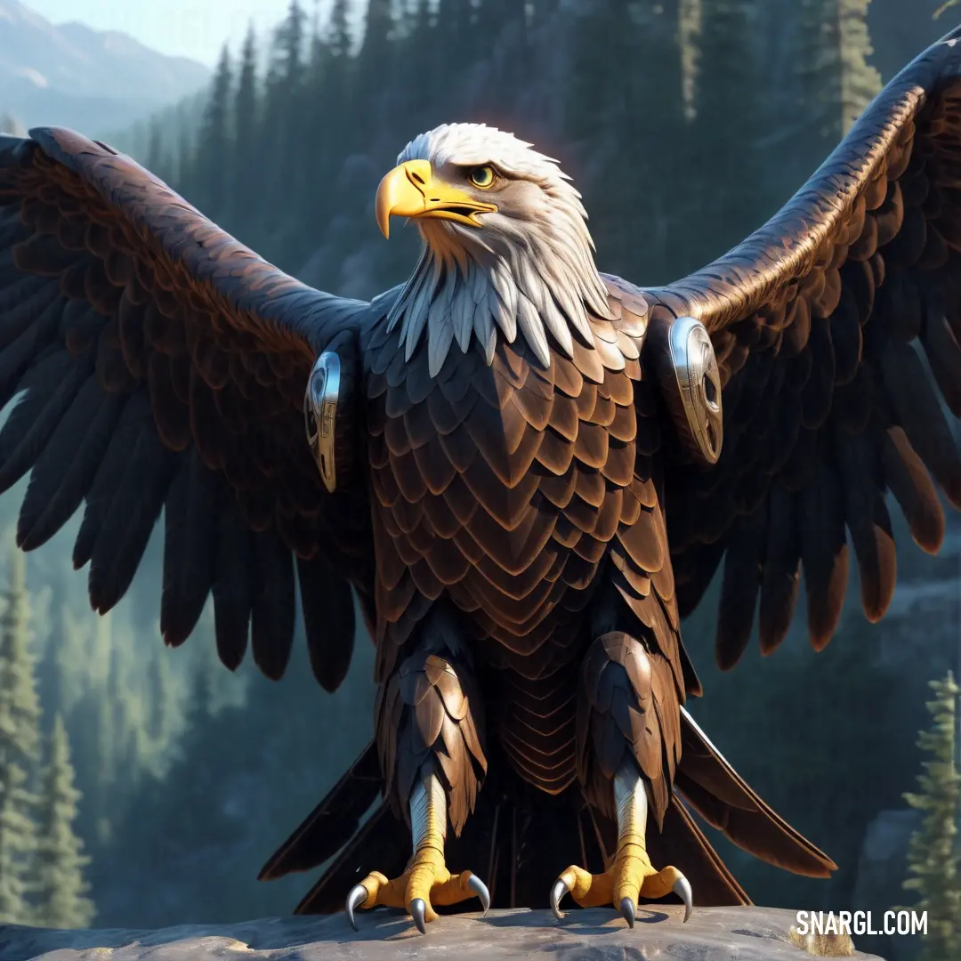 Statue of a bald eagle on a rock with trees in the background