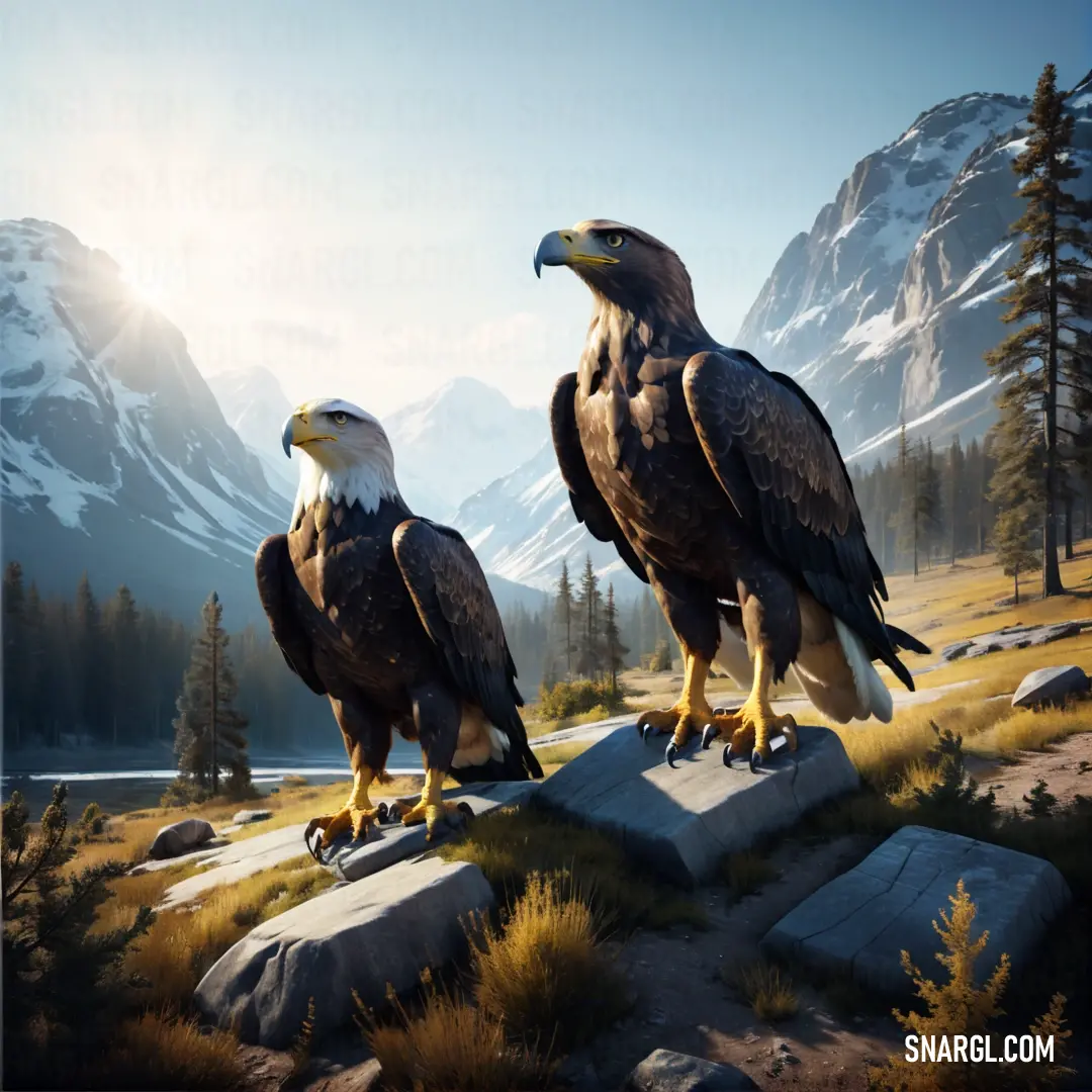 Two large birds on top of a rock covered field next to a mountain range with snow covered mountains