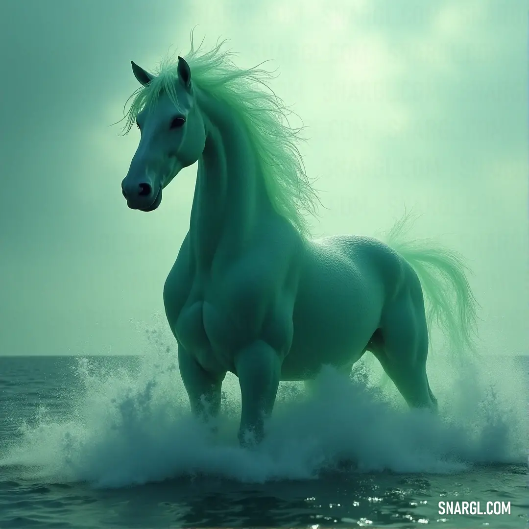 White Ealasaid running through the water, with a sunny yet surreal green sky above, bringing an ethereal quality to the scene. White Ealasaid runs joyfully through the water on a sunny day, with a surreal green sky above, adding an otherworldly touch to the scene of natural freedom and movement.
