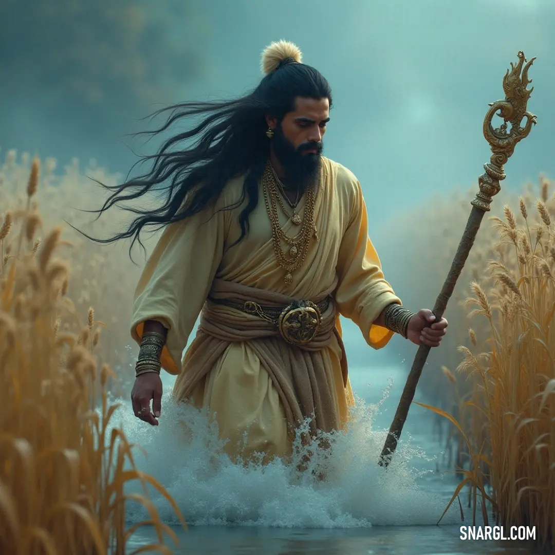 A sage figure with a staff standing in peaceful waters, invoking a sense of calm and reflection against a beautiful backdrop. A wise figure with long hair and a beard stands in still waters, gripping a staff, as a Mirror-like lake reflects the beauty of nature behind him. The serene atmosphere invites contemplation and a deep connection with the environment.