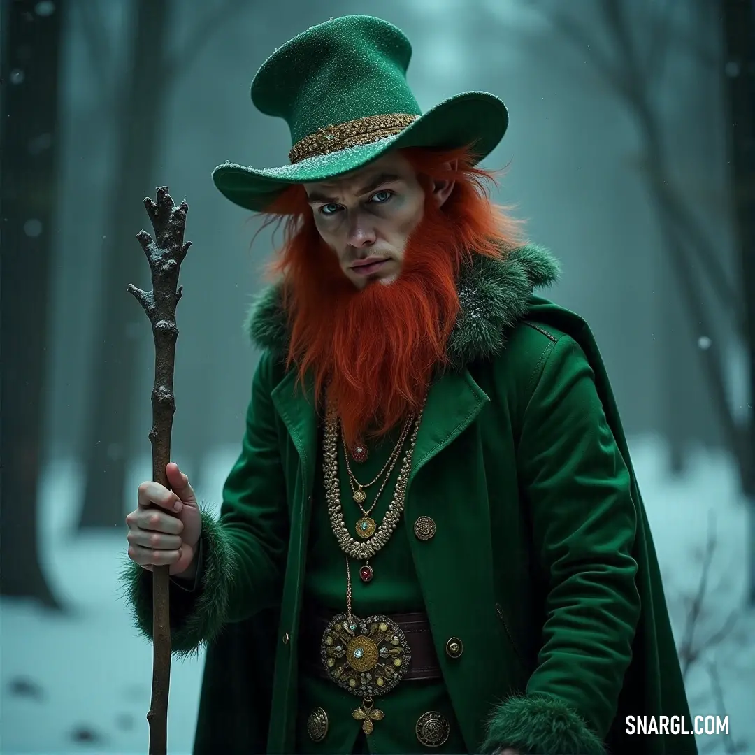 A man dressed in green in the midst of a snowy scene, holding a wooden stick with a serene, wintery background of snow-covered trees. A man in a warm green coat and matching hat stands in a snowy landscape, gripping a wooden staff. His focused expression is framed by the frosty trees around him, as soft snowflakes gently fall from the overcast sky.