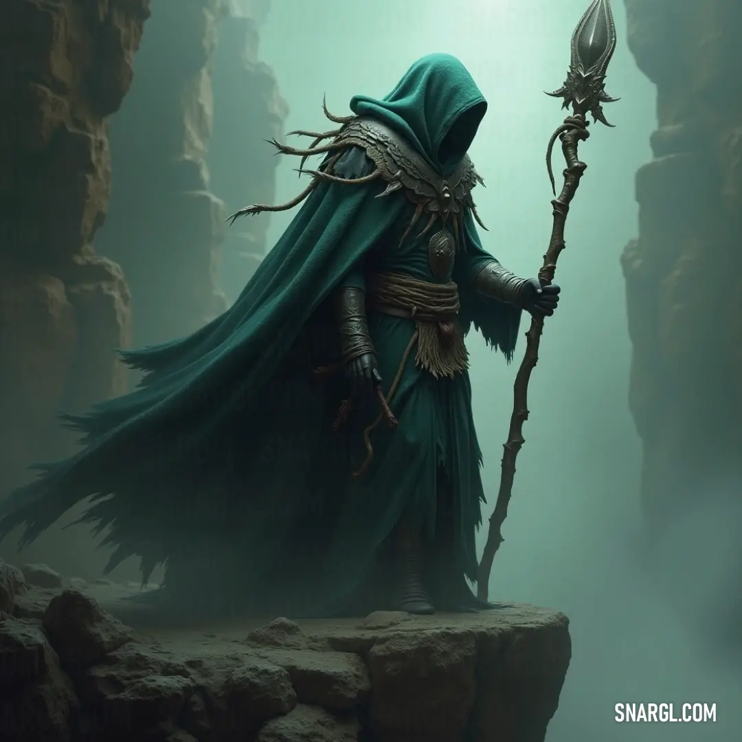 An Earth Caller in a green cloak, holding a staff and stick, stands in a foggy cave with sunlight streaming behind him, channeling nature's forces. A wise Earth Caller, cloaked in green, stands in a mysterious cave. With a staff in one hand and a stick in the other, he calls upon the power of nature as fog swirls around him, bathed in the warm glow of the sun breaking through.