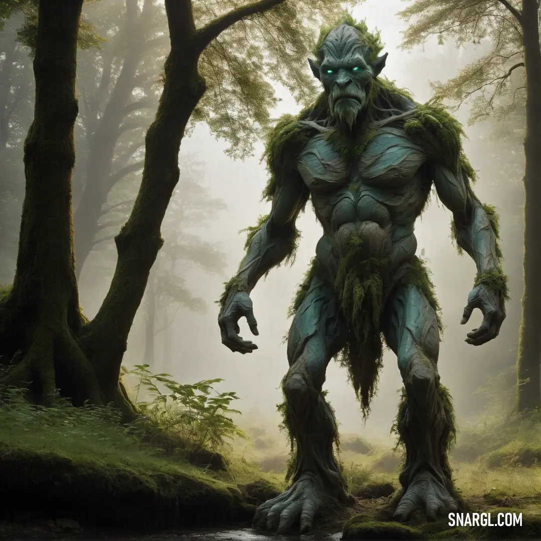 Earth elemental with a lot of green hair and a body of water in a forest with trees and grass