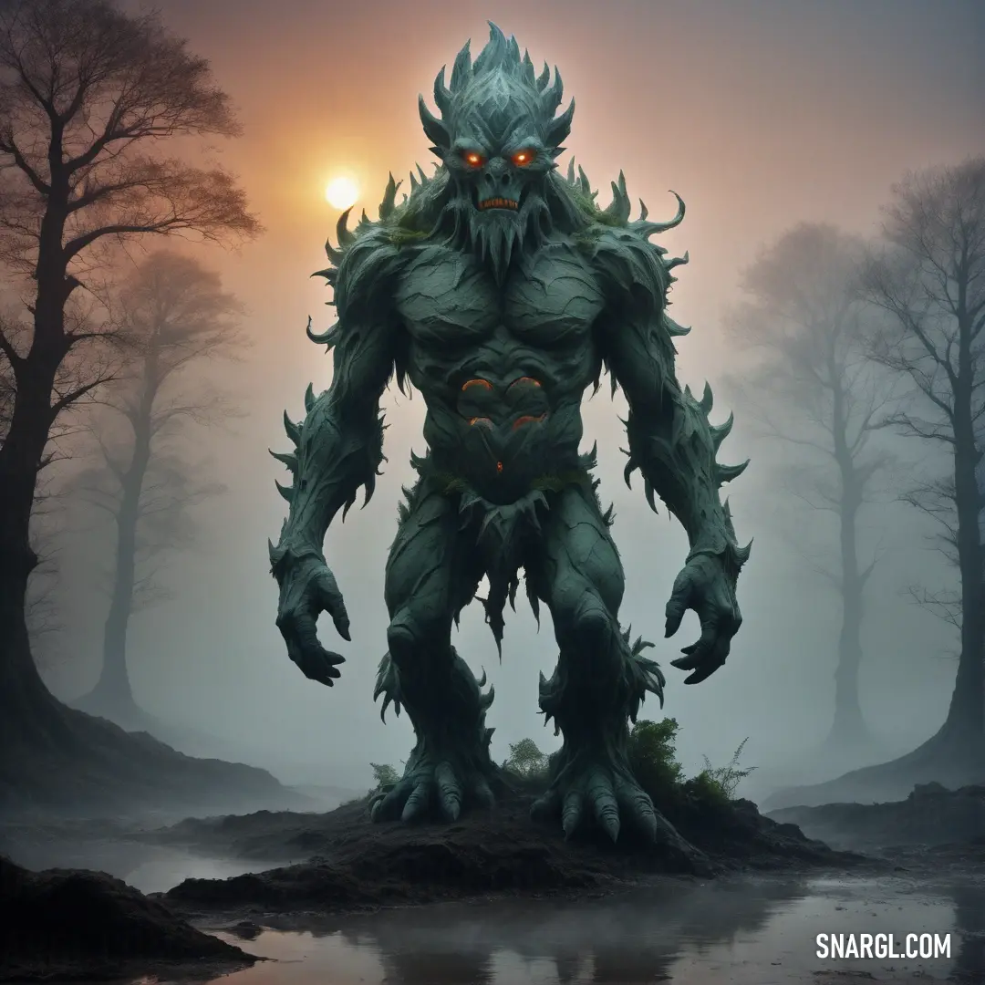 Earth elemental with glowing eyes standing in a swampy area with trees and fog in the background