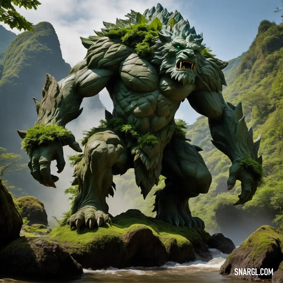 Giant Earth elemental standing on a rock in a river surrounded by mountains and trees