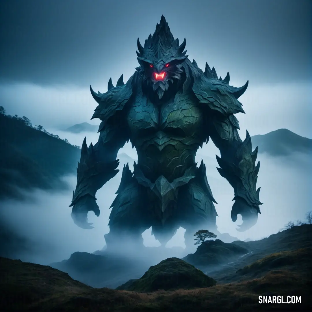 Giant Earth elemental with red eyes standing in the fog with mountains in the background and foggy sky behind it