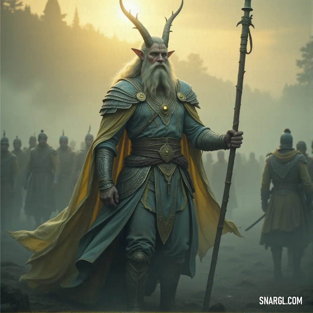 The Earth Spirit, with a horned head and staff, stands in the misty field, surrounded by other mysterious figures, radiating an ancient and powerful energy. An Earth Spirit with a horned head and staff stands in a foggy field, surrounded by other figures. The mist creates an otherworldly atmosphere, as the Earth Spirit exudes an ancient power, guiding the spirits of the land.