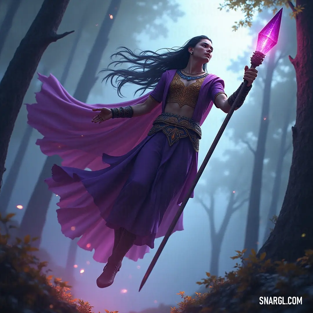An enchanting image of the Earth Weaver in a purple dress, clutching her glowing staff, amidst a mystical forest shrouded in fog and purple light. In a mystical forest enveloped in fog, the Earth Weaver, dressed in a captivating purple gown, holds a shimmering staff. The ethereal purple light surrounding her creates an enchanting atmosphere, hinting at the magic and wonder she weaves through nature.