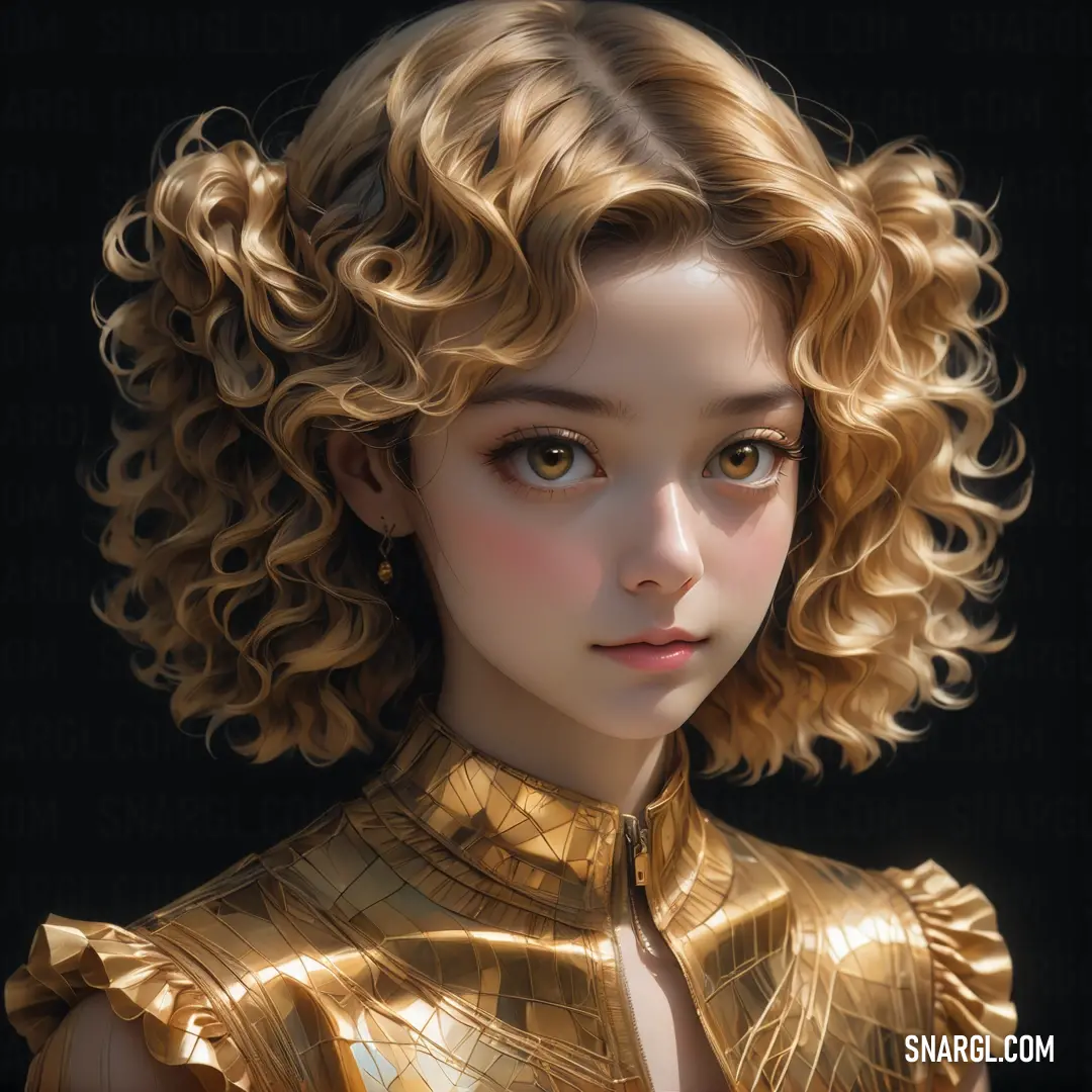 Digital painting of a woman with curly hair and a golden dress on a black background. Example of RGB 225,169,95 color.