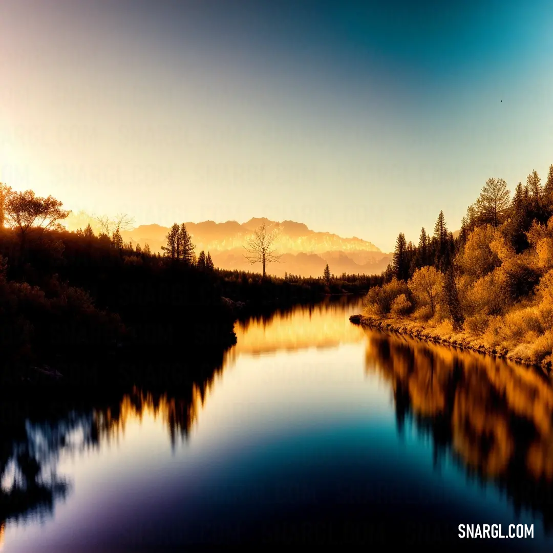 Lake surrounded by trees and mountains in the background. Color CMYK 0,25,58,12.