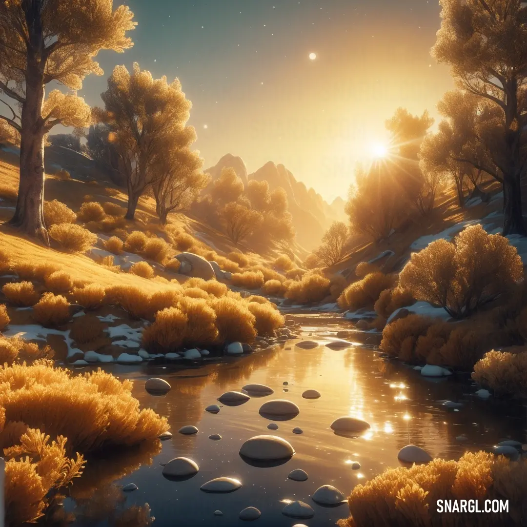 Painting of a river surrounded by trees and rocks at sunset or sunrise with the sun shining over the mountains