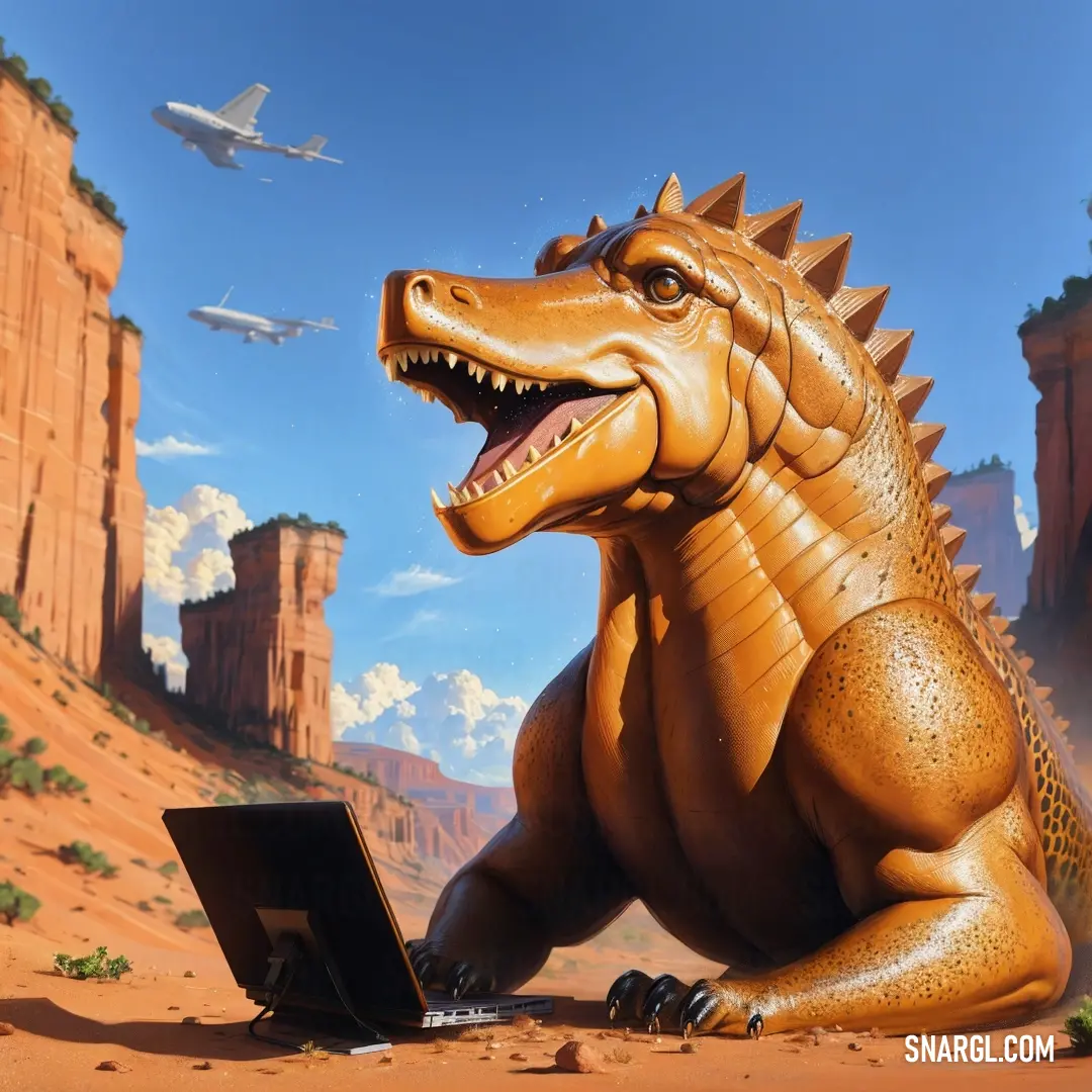 Large dinosaur on the ground with a laptop in its mouth and a plane flying in the background