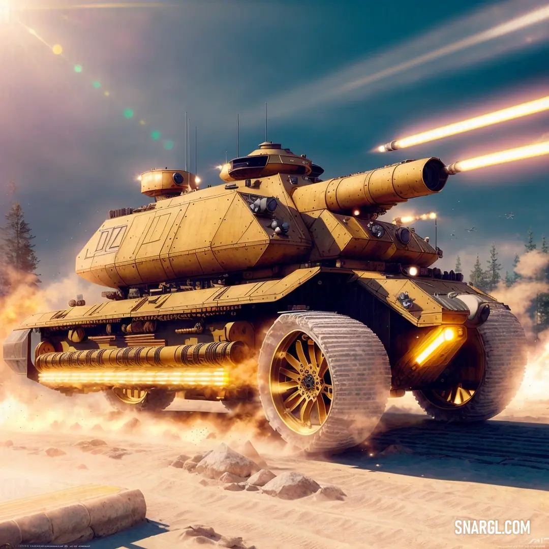 Yellow tank with missiles on it is driving through the snow with a bright sun in the background and a trail of smoke coming from the bottom