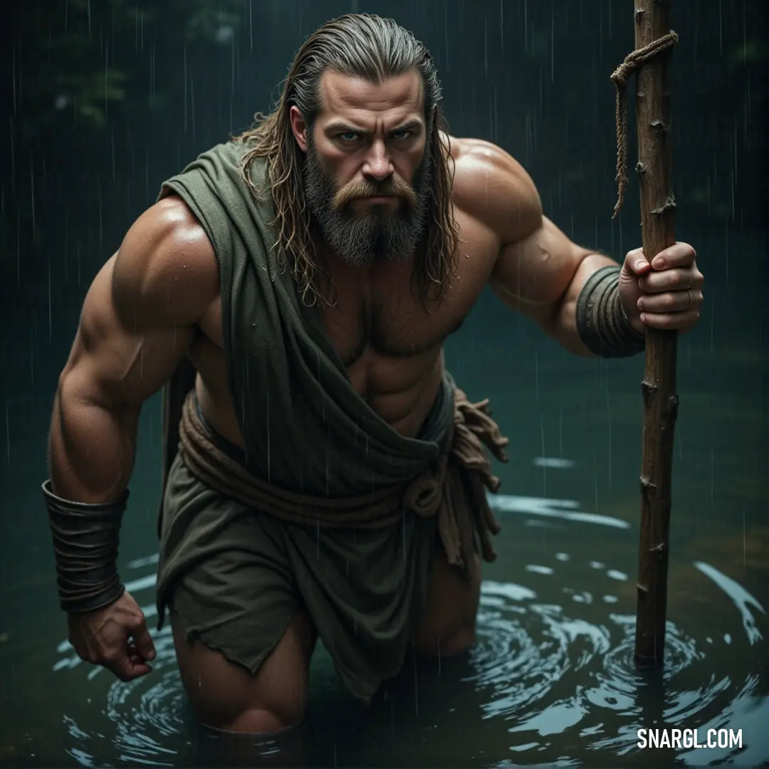 Earthbound Druid with a beard standing in water, holding a staff, wearing a brown outfit with a green belt. An Earthbound Druid with a rugged beard stands in the water, holding a staff as the earthy tones of his brown outfit and green belt echo the natural world around him, connecting him deeply to the environment.