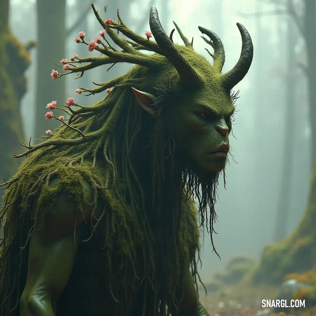 The enchanting Earthbranch stands tall amidst a colorful forest landscape, crowned with flowers and an air of tranquility. A serene Earthbranch with flowing hair and a majestic horned visage, emanating a gentle aura amidst a vibrant forest adorned with colorful flowers in bloom.