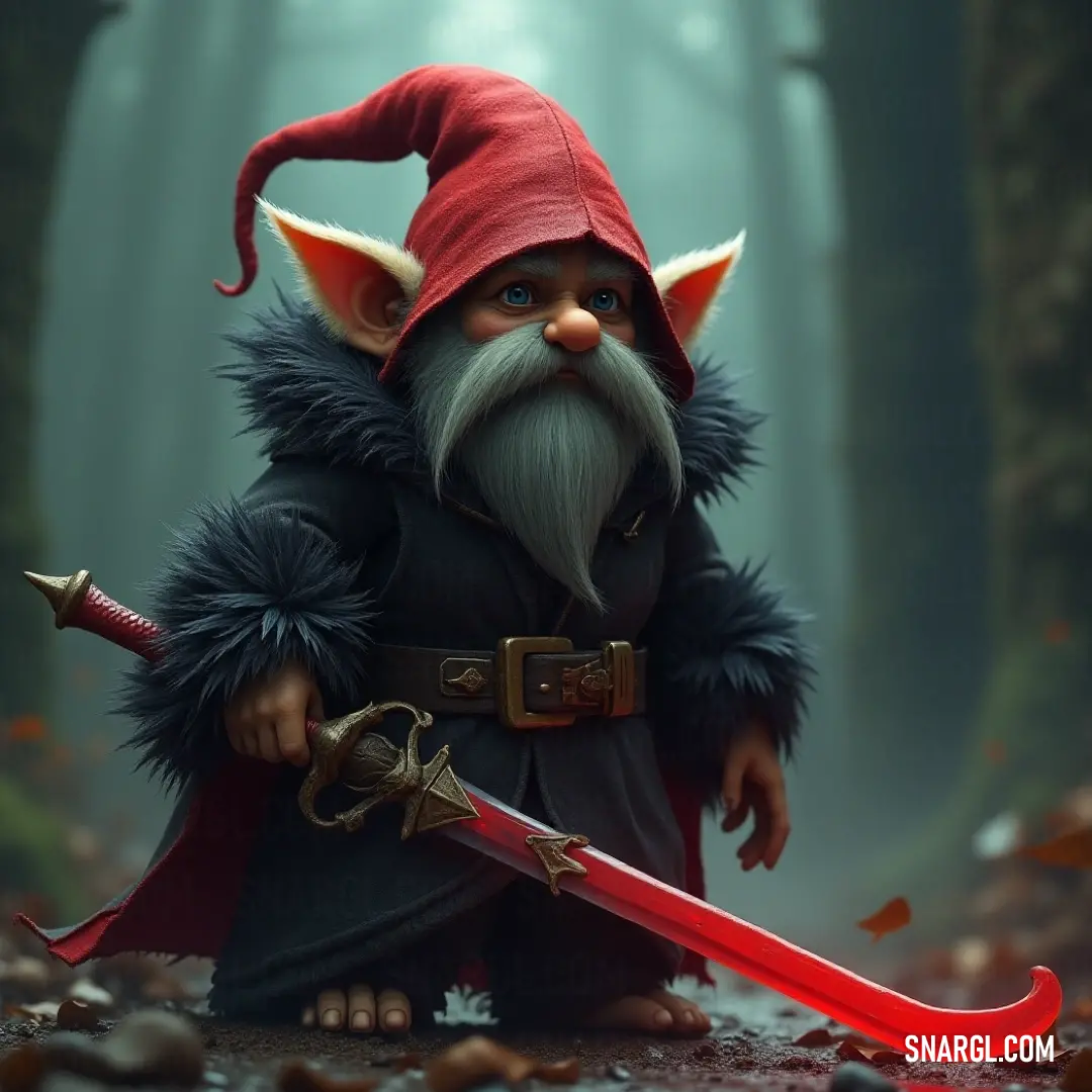 Ebbe, with a red hat and sword, stands alert in a verdant forest filled with rocks and leaves. Ebbe, sporting a vibrant red hat and wielding a gleaming sword, stands amidst a lush forest adorned with scattered leaves and textured rocks, embodying the spirit of a vigilant protector of the wild.