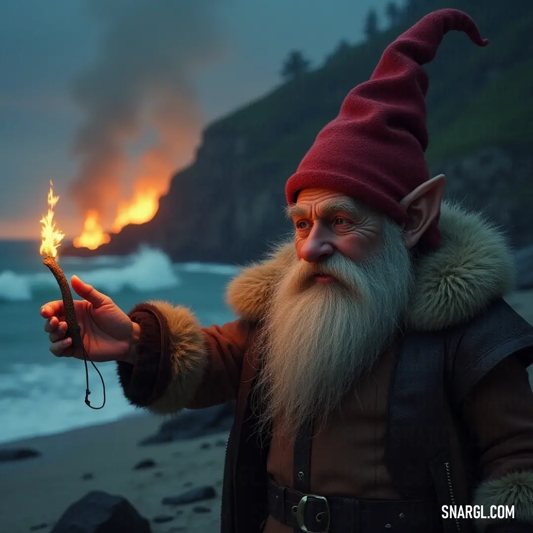 A cheerful character with a vibrant red hat and beard, holding a fiery stick, stands in a lively setting filled with flowers and greenery, embodying warmth and joy as they engage with the beauty of the outdoors.