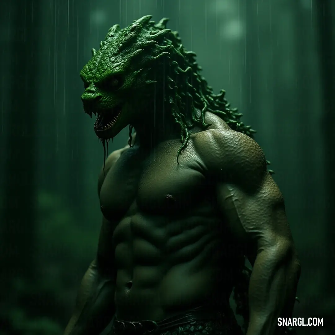 In the heart of the woods, the Echidna stands poised, her serpentine form adorned with a striking green monster head, long, flowing hair melding seamlessly with the lush foliage around her, a creature of both beauty and terror.