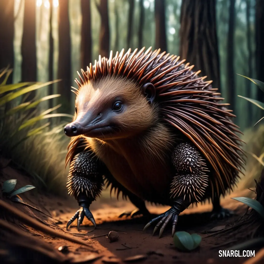 Hedgehog is standing in the middle of a forest with tall grass and trees in the background