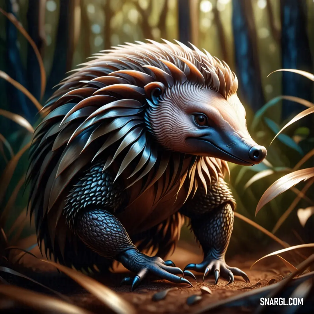 Large Echidna with a long tail in the woods with grass and trees in the background