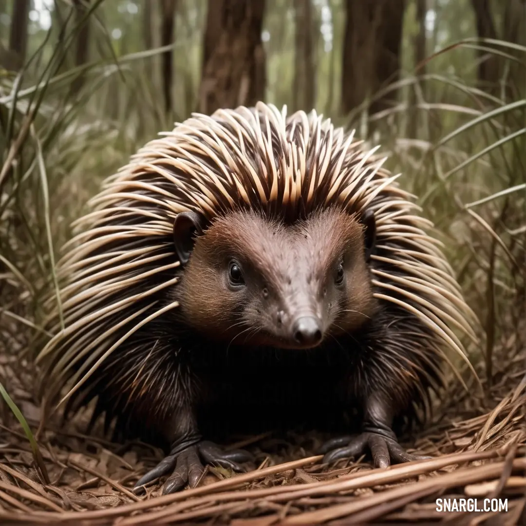 Porcupine is standing in the middle of a forest floor with grass and trees in the background