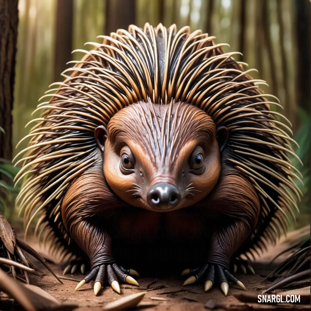 Porcupine is standing in the middle of a forest with its eyes open and it's head turned to the side