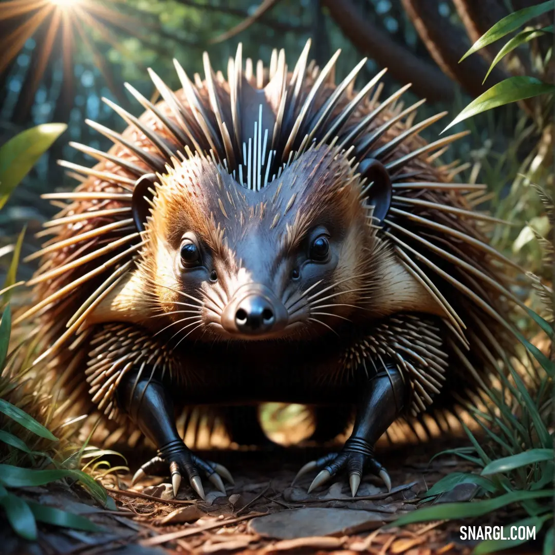 Porcupine is standing in the grass with its head turned to the side and it's eyes open