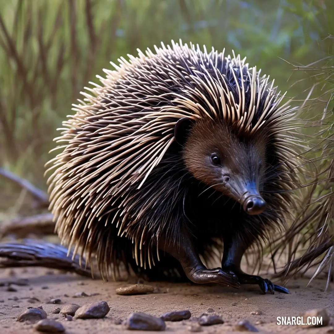 Porcupine is walking on the ground near some rocks and plants in the background