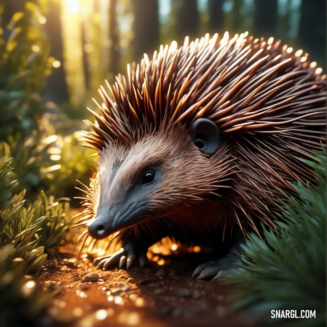 Porcupine walking through a forest with sun shining on it's face and head and body