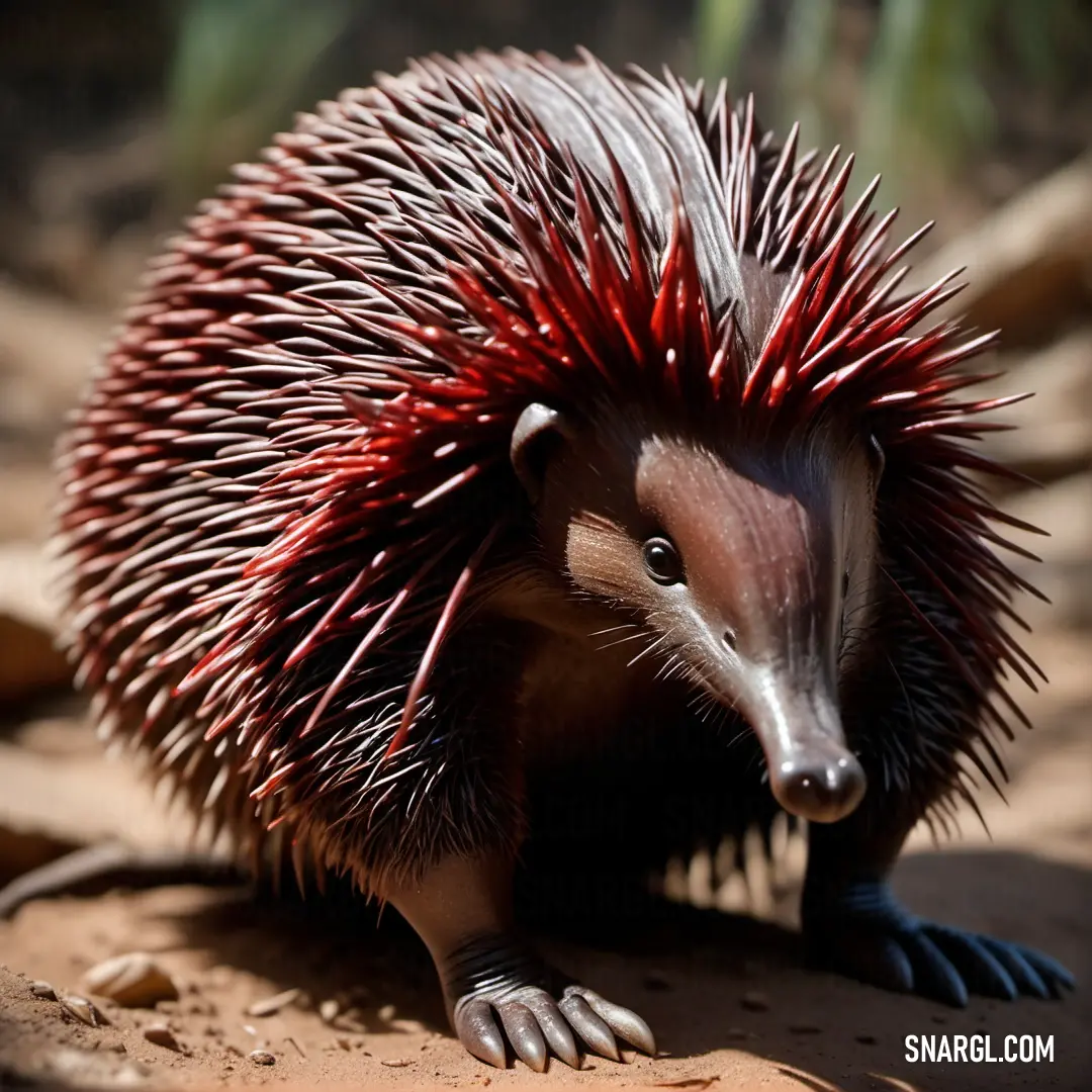 Small Echidna with red spikes on its head and body standing on a rock in the dirt near a tree