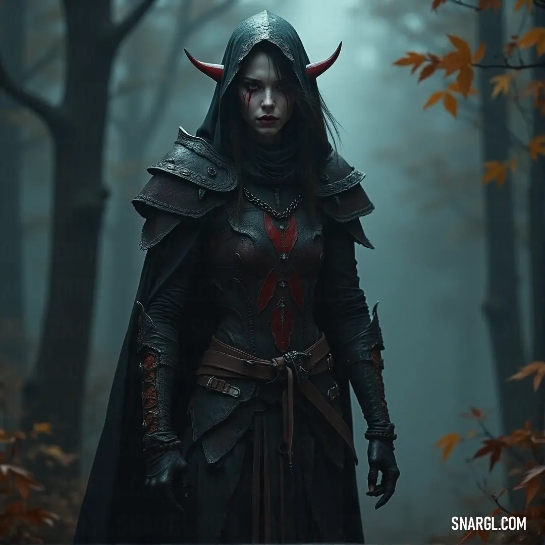 Eclavdra, with horns crowning her head, wanders through a fog-covered forest, embodying the spirit of the wild and untamed. Eclavdra, an enigmatic figure with horns on her head, walks silently through a foggy forest. Her costume blends with the mist, adding to her mysterious, otherworldly presence among the shadowed trees.