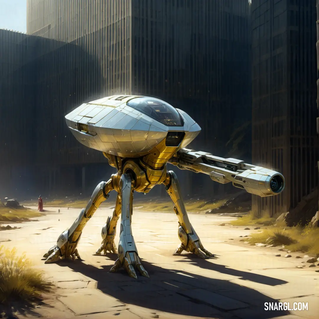 Futuristic robot with a large gun in its hand in a desert area with tall buildings in the background. Color RGB 194,178,128.