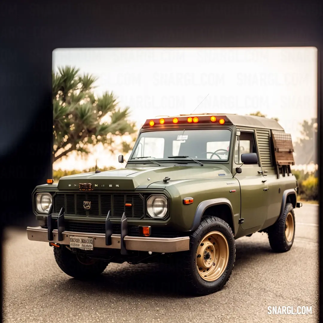 Green truck with a light on top of it's roof and a tree in the background