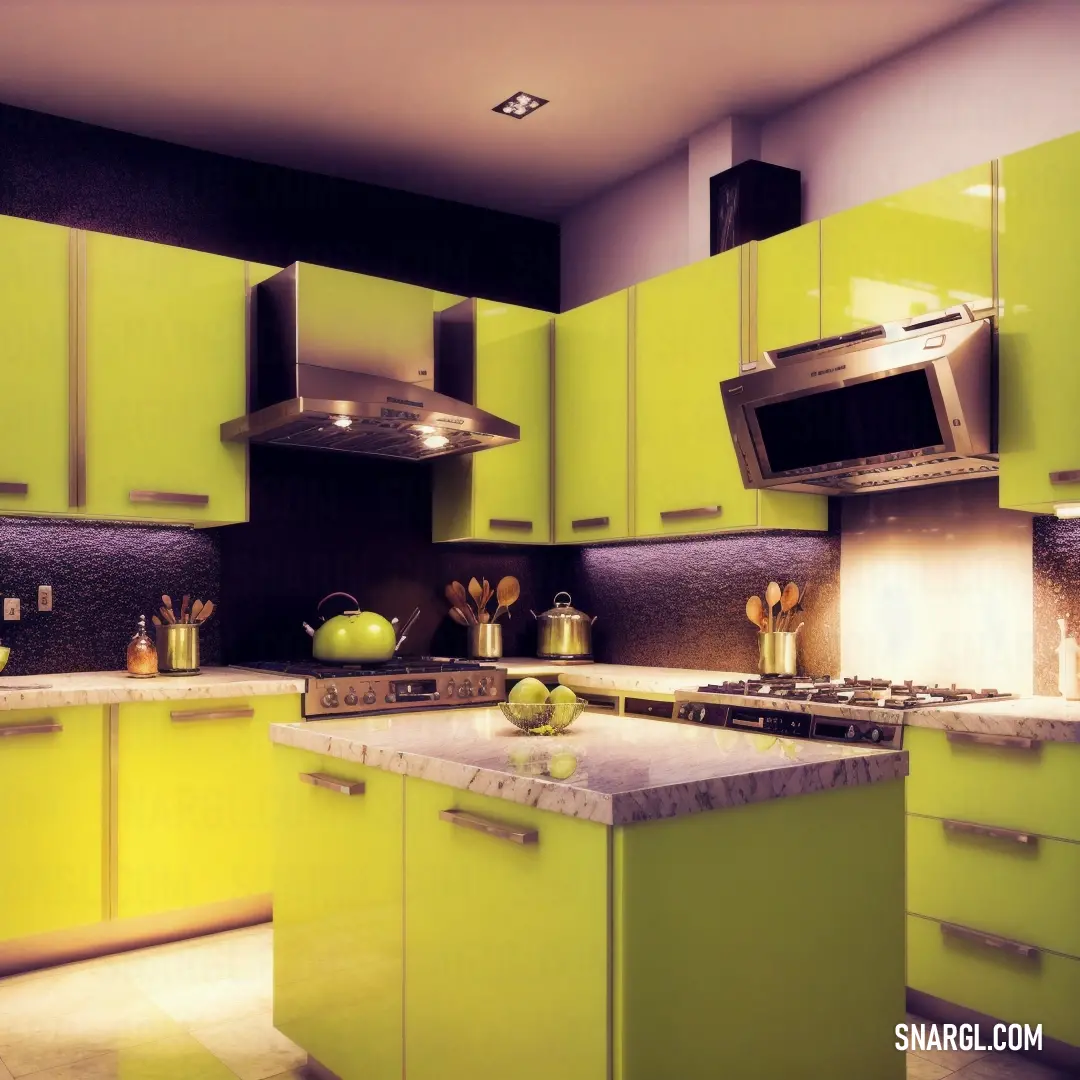 Kitchen with green cabinets and a stove top oven and microwave oven and a microwave oven