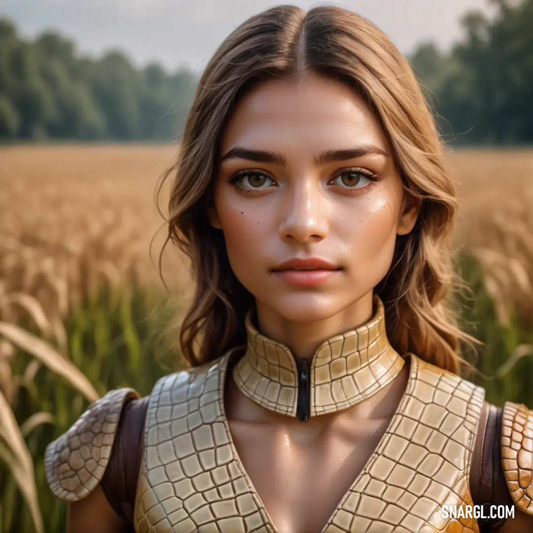 Woman in a gold dress standing in a field of wheat with a collared neckline and a leather belt. Example of CMYK 0,8,34,24 color.