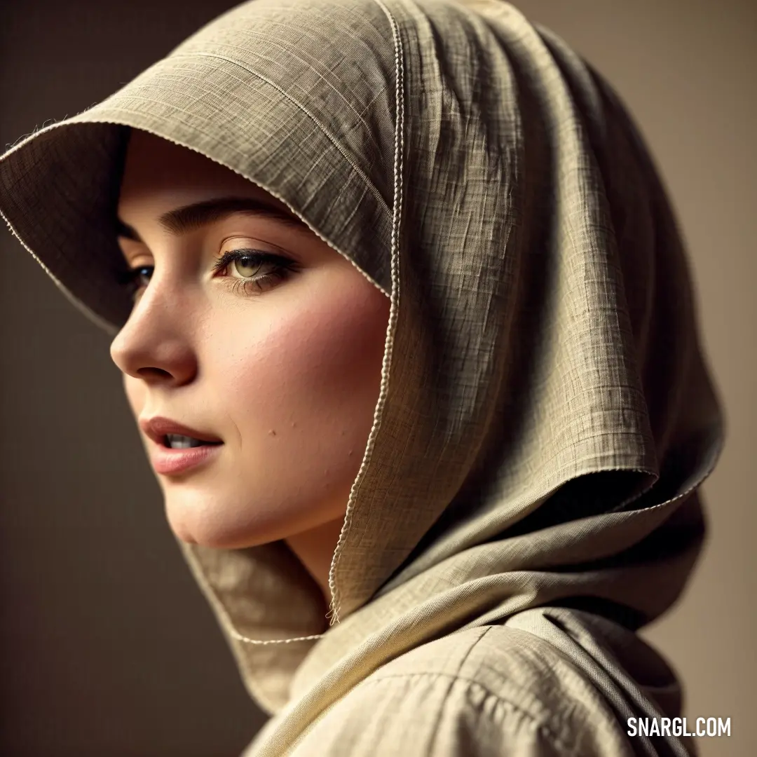 Woman with a hood on her head and a hood on her head is looking off to the side