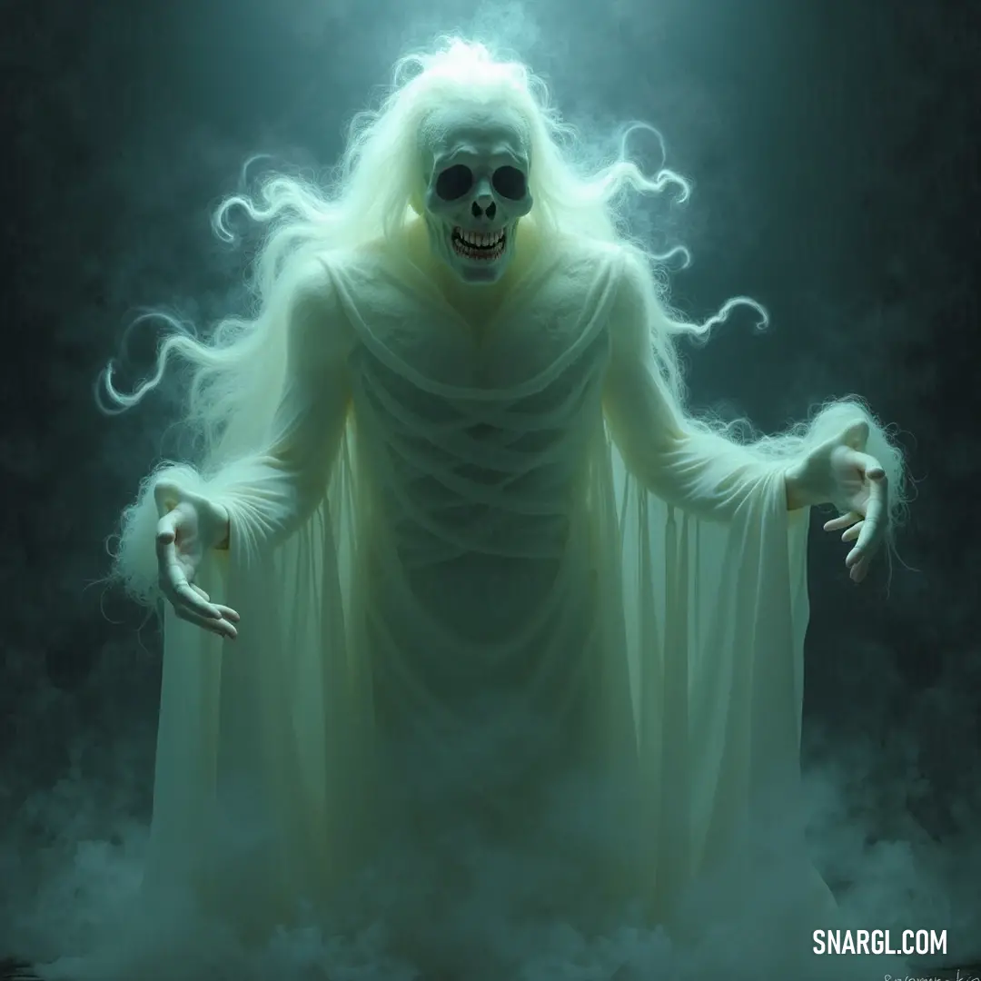 A haunting Ghost with a skull mask stands amidst swirling smoke, arms outstretched in a chilling display. The ethereal mist envelops its figure, enhancing the spectral atmosphere and creating an unsettling yet fascinating tableau that invites curiosity ab