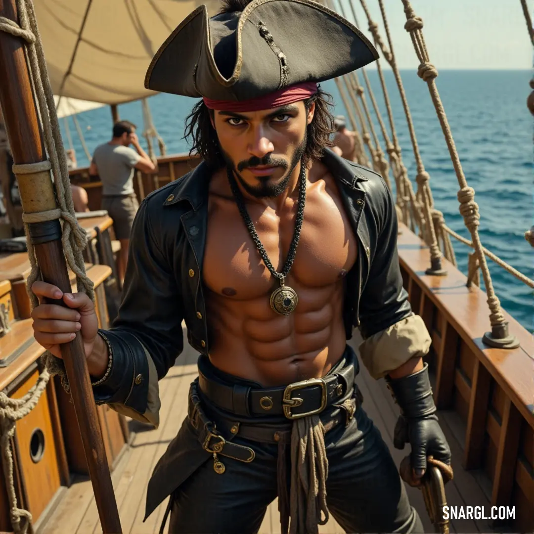 A daring pirate in a weathered costume stands on a boat, sword drawn, cutting through the open sea as the wind blows fiercely around him. A pirate dressed in a rugged, weathered costume stands confidently on a boat amidst the vast ocean, gripping a gleaming sword in one hand while the salty wind ruffles his hair and clothes. His intense gaze pierces the horizon as the boat cuts through the