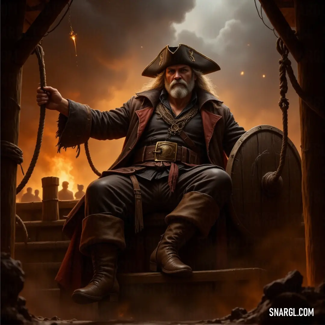 Edward Thatch, dressed in pirate garb, stands on a barrel with sword in hand, exuding determination and readiness to face whatever challenge comes his way on the open seas. Edward Thatch, in his pirate attire, stands confidently on a barrel, sword drawn, as he surveys the sea with the weight of his pirate legacy upon his shoulders, ready for whatever the adventure holds.