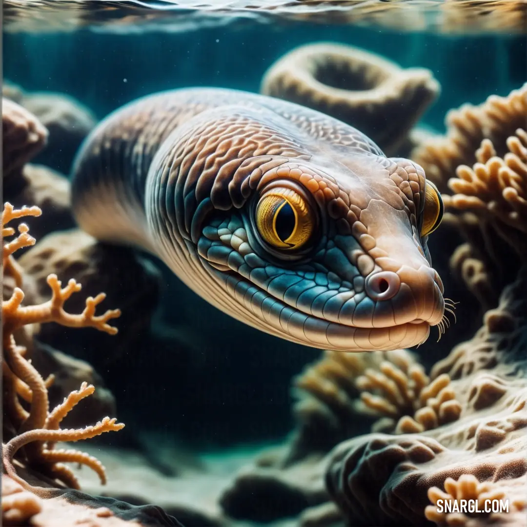 Close up of a fish in a tank with corals and seaweed in the background